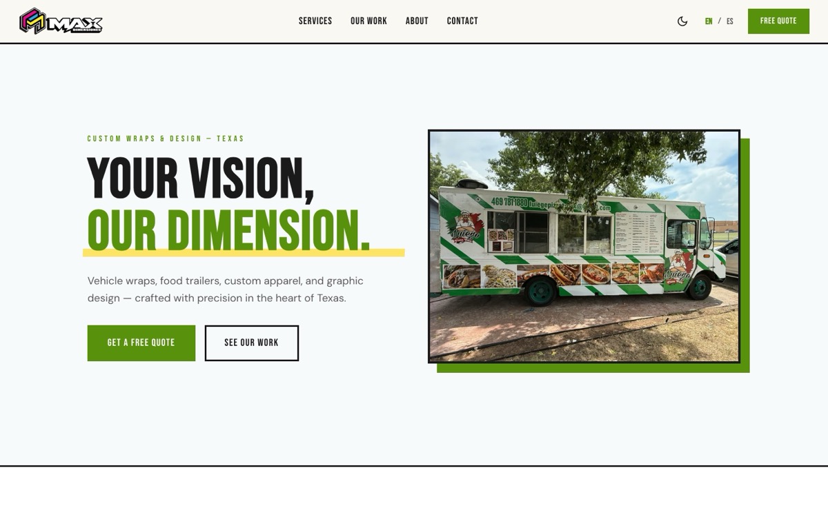 Max Dimensions TX website